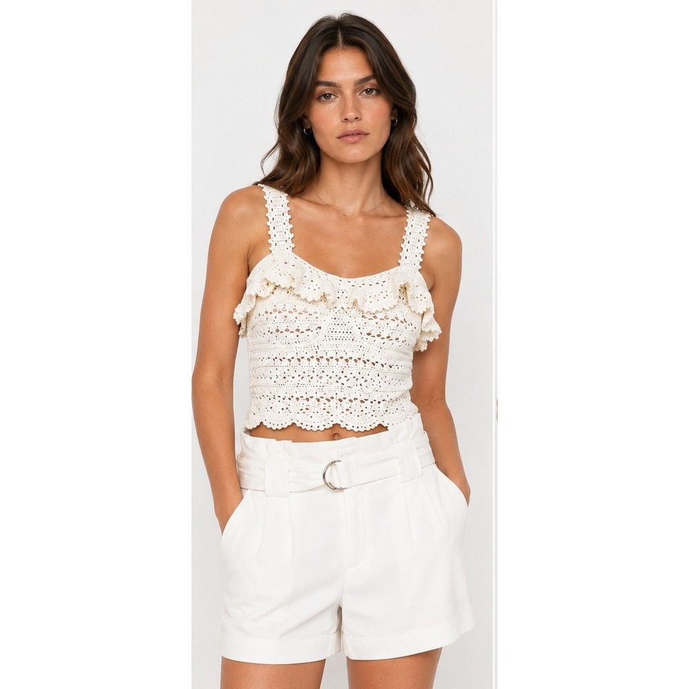 SEA NEW YORK Crochet Ruffle Button Back Wool Tank Top Coquette Festival Cream S